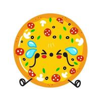 lindo personaje de pizza triste y llorando. icono de ilustración de personaje kawaii de dibujos animados dibujados a mano vectorial. aislado sobre fondo blanco. concepto de personaje de pizza vector