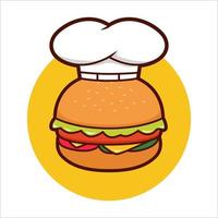 chef burger illustration, burger with chef hat vector