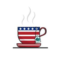 taza de té vectorial aislada con estampado de bandera americana. trazo azul con estrellas y líneas blancas y rojas. taza con bebida caliente dentro y una etiqueta de bolsita de té. icono de dibujos animados vector