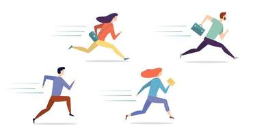 Set of vector running people in cartoon style. Flat characters run fast, competition