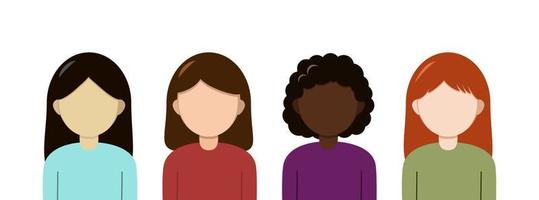 Vector women icons. Isolated flat female characters on the white background. Multiculture group.