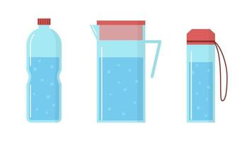 Vector bottles of water and full jug on white background. Drinking fresh water with bubbles in flat style
