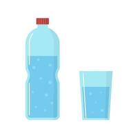 Vector bottle of water and full glass on white background. Drinking fresh water with bubbles in flat style