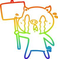 rainbow gradient line drawing crying pig cartoon with protest sign vector