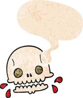 cartoon spooky skull and speech bubble in retro textured style vector