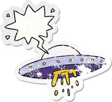 cartoon flying UFO and speech bubble distressed sticker vector