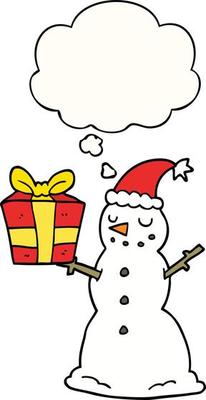 cartoon snowman with present and thought bubble