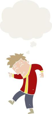 cartoon dancing man and thought bubble in retro style