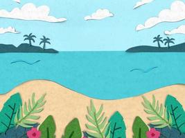 escena de playa con sol, nubes y fondo de estilo de corte de papel de hoja tropical. vector