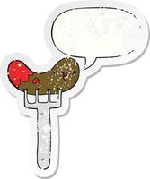 cartoon sausage and fork and speech bubble distressed sticker