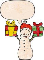 cartoon snowman and present and speech bubble in retro texture style vector