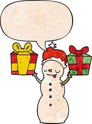 cartoon snowman and present and speech bubble in retro texture style