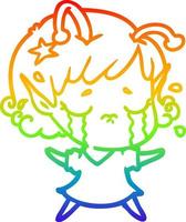 rainbow gradient line drawing cartoon crying alien girl vector