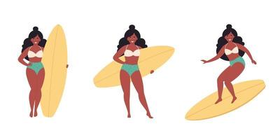 Black woman with surfboard. Summer activity, summertime, surfing. Hello summer. Summer Vacation.