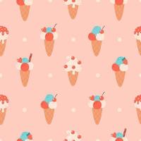 Ice cream seamless pattern. Vanilla ice cream in waffle cone with cherry. vector