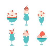 Set of ice cream in glass with strawberry, cherry, cinnamon stick. Summertime, hello summer. vector