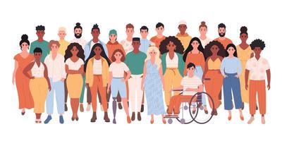 Crowd of different people of different races, body types, person with disability. Multicultural society. Social diversity of people in modern society vector