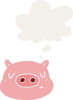 cartoon pig face and thought bubble in retro style vector