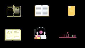 iconos de libros establecen animación con canal alfa video
