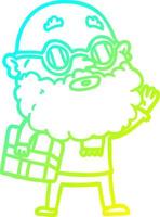 Dibujo de línea de gradiente frío hombre curioso de dibujos animados con barba, gafas de sol y presente vector