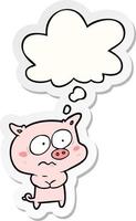cartoon nervous pig and thought bubble as a printed sticker vector