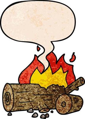 cartoon camp fire and speech bubble in retro texture style