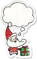 cartoon santa claus and thought bubble as a distressed worn sticker vector