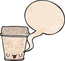 cartoon coffee cup and speech bubble in retro texture style vector