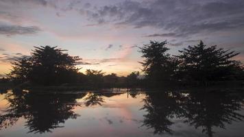 Zeitraffer-Sonnenaufgang über dem Büffelhof in Kampung während der Flut video