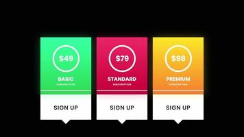 vídeo gráfico de animação de movimento da tabela de planos de assinatura de preços, elementos de design de interface ui ux. lista de preços 3 opções planeja design infográfico para site ou apresentação ou serviços online video