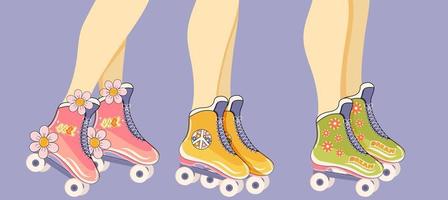 Set with roller skates in retro style. On a lilac background vector