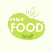 Fresh food logo on a green background with leaves in a casual style. Vector stock illustration.