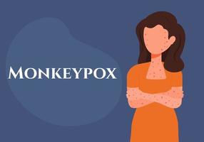 Banner with a girl in the style without a face. Pimples all over the body. Monkeypox. Vector stock illustration. blue background