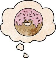 donut de dibujos animados y burbuja de pensamiento en estilo de patrón de textura grunge vector