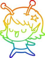 rainbow gradient line drawing happy alien girl cartoon vector