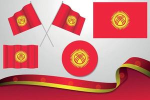 Set Of Kyrgyzstan Flags In Different Designs, Icon, Flaying Flags And Ribbon With Background. vector