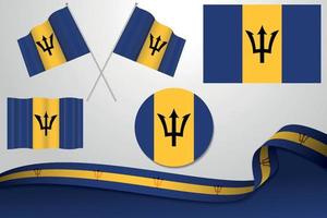 conjunto de banderas de barbados en diferentes diseños, icono, banderas desolladas con cinta con fondo. vector