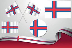 Set Of Faroe Islands Flags In Different Designs, Icon, Flaying Flags And Ribbon With Background. vector
