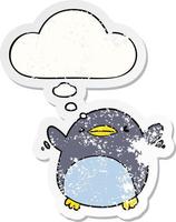 cute cartoon flapping penguin and thought bubble as a distressed worn sticker vector