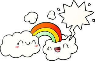 nubes de dibujos animados felices y arco iris y burbujas de habla en un estilo de gradiente suave vector