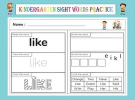 Kindergarten Sight Words Practice Worksheet vector