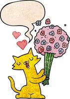 gato de dibujos animados enamorado y flores y burbujas de habla en estilo de textura retro vector