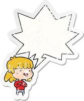 cartoon girl sticking out tongue and speech bubble distressed sticker