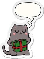 cartoon christmas cat and speech bubble sticker vector