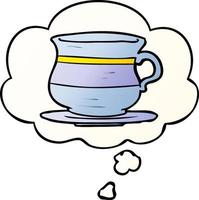 caricatura, viejo, taza de té, y, pensamiento, burbuja, en, suave, gradiente, estilo vector