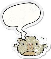 funny cartoon bear and speech bubble distressed sticker vector
