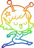 rainbow gradient line drawing happy alien girl cartoon laughing vector