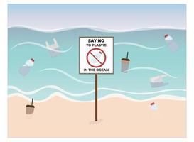 Poster against ocean pollution with bottles, bags and cups in the water and on the shore in vector