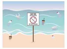 Poster against ocean pollution with bottles, bags and cups in the water and on the shore in vector