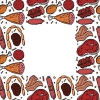 Seamless meat pattern with place for text. Colored meat background. Doodle vector illustration with meat products icons